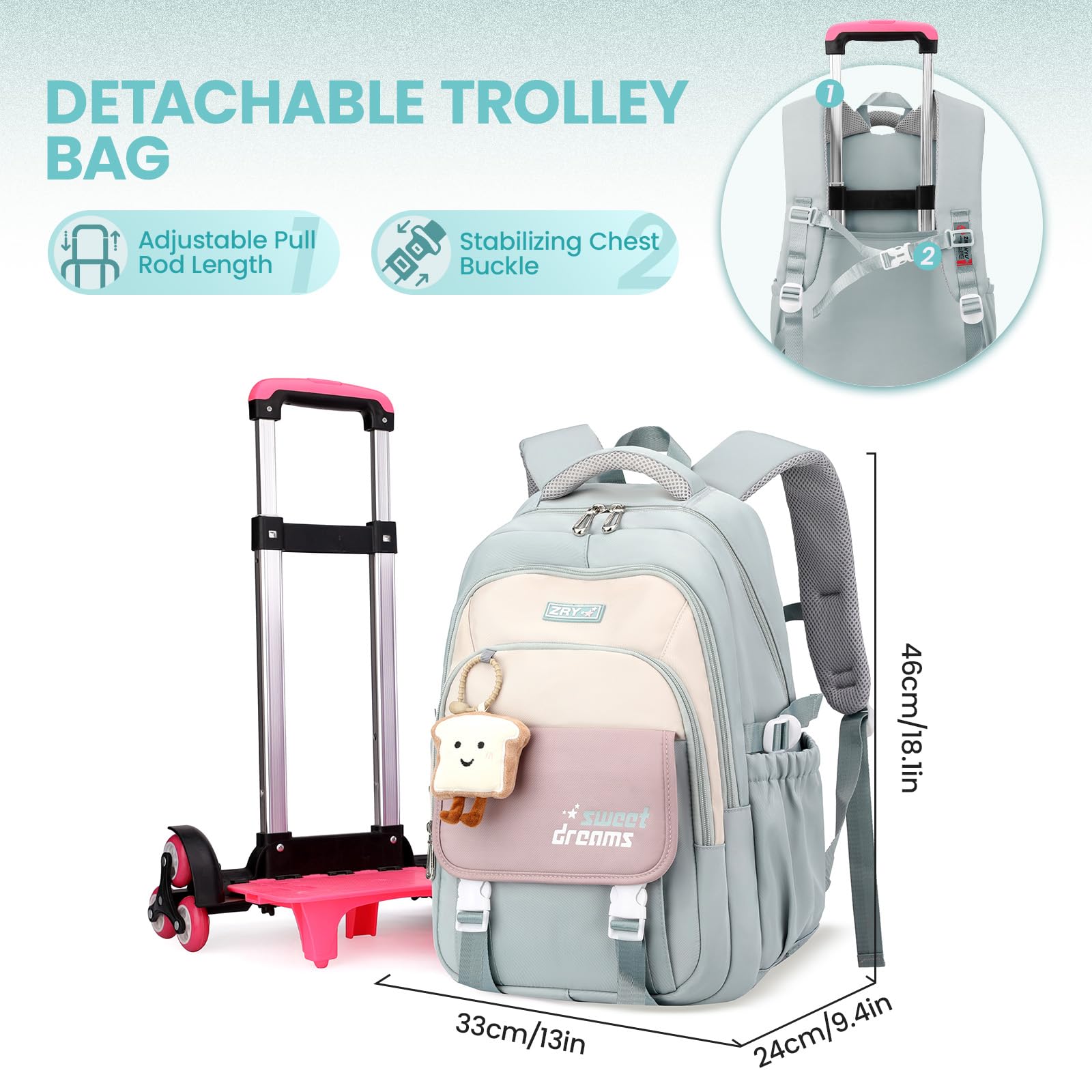 Amythe Zaino Trolley 2 in 1 per Ragazza Elementare Media, 6 Ruote, Verde | Zaino con Ruote per Ragazza, Zainetto Casual Adolescenti con Pettorina, con Ciondolo, Viaggio e Ritorno a Scuola