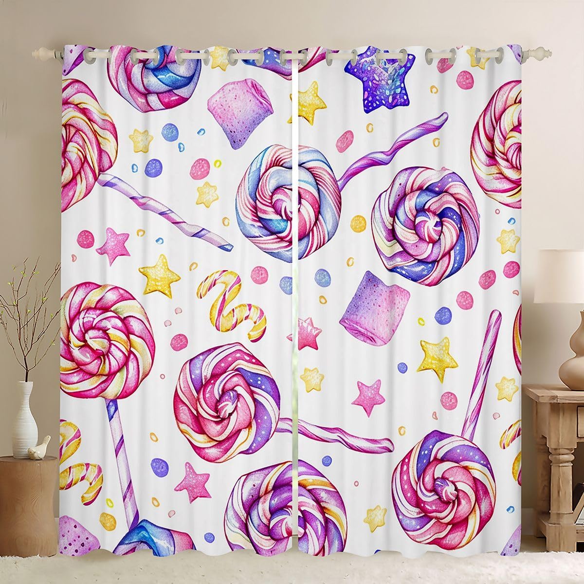 Yummy Lollipop Window Curtains Dessert Candy Star Dot Window Drapes,Princess Window Treatments,Food Watercolor Kids Boys Girls Room Decor, Grommet Top 2 Panel Set Bedroom Curtains, 38Wx54L inch