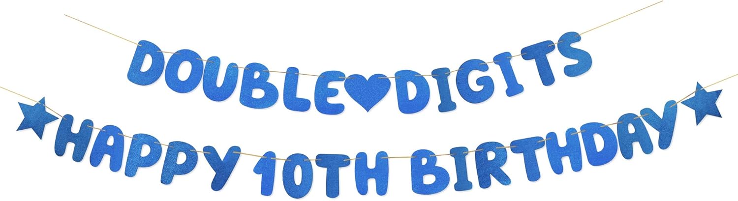 Mannli 10th Birthday Deocrations Double Digits Banner Happy 10th Birthday Bunting Glitter Banner Backdrop for Birthday Decorations, Blue