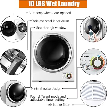 COSTWAY Compact Laundry Dryer, 110V Electric Portable Clothes Dryer with Stainless Steel Tub, Control Panel Downside Easy Control for 4 Automatic Drying Mode, White