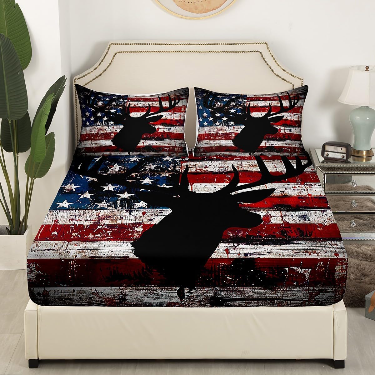 Feelyou American Flag Sheet Set for Girls Boys Kids Deer Sheets with Deep Pocket Fitted Sheet Room Decorative Antlers Bed Sheets Set Farmhouse Deer Hunting Red Blue Bedding Set Room Decor Queen Size
