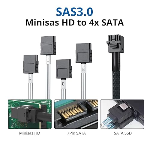 Miniatura 3 de ipolex Cable interno Mini SAS HD SFF 8643 a 4 x SATA 7 pines, cables Mini SAS con banda lateral, compatible con unidades SAS de 12 Gbps y unidades