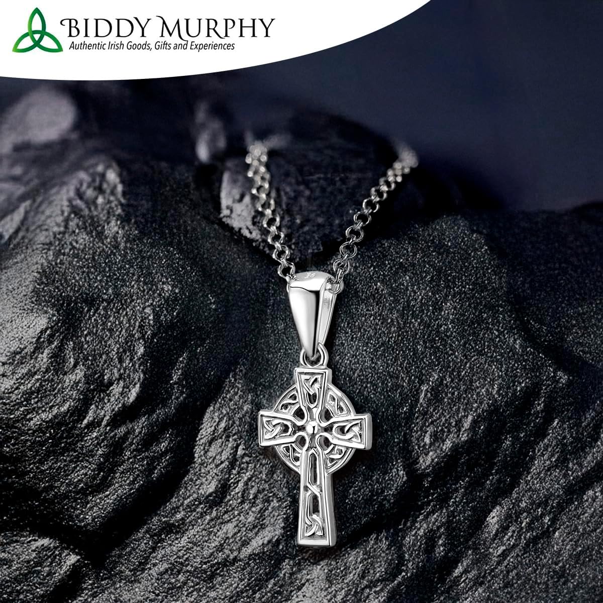 Biddy Murphy 925 Sterling Silver Celtic Cross Necklace for Women, 3/8" W x 7/8" Pendant, Fine Traditional Irish Jewelry Imported Direct from Ireland's Artisan Jewelers