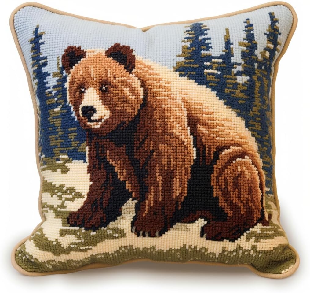 Brown Bear Latch Hook Kits Pillow Cover Printed Canvas DIY Cushion Crochet Yarn Needlework Hook Latch Kit Embroidery Pillowcase Rug Home Sofa Christmas Decoration 43x43cm