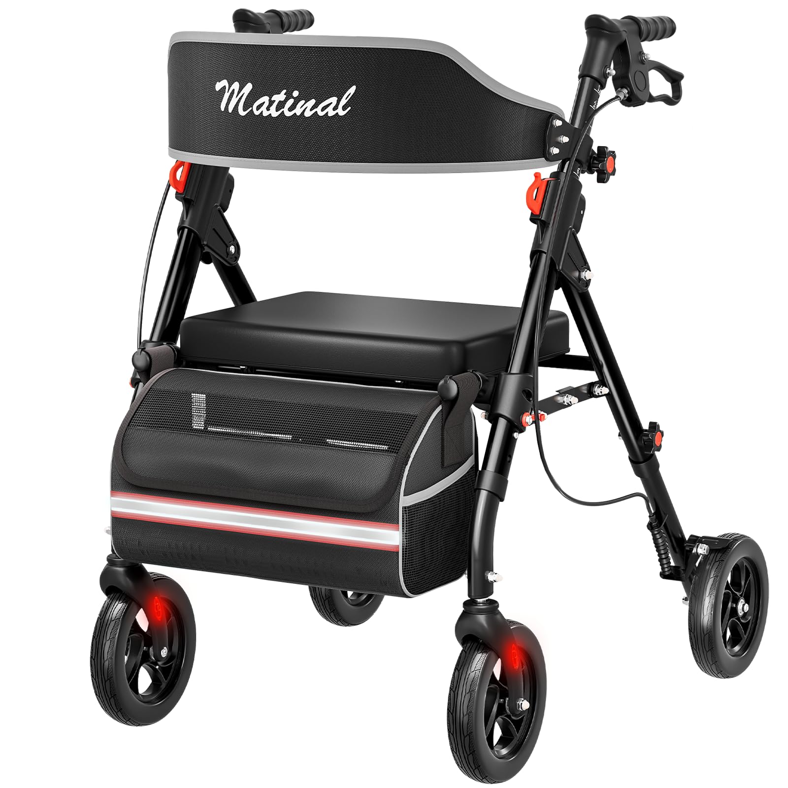 Andador plegable y ligero con asiento, andador para personas mayores de hasta 160 kg, con ruedas de 8 pulgadas y dirección de 360°, altura regulable en 6 posiciones, adecuado para uso diario