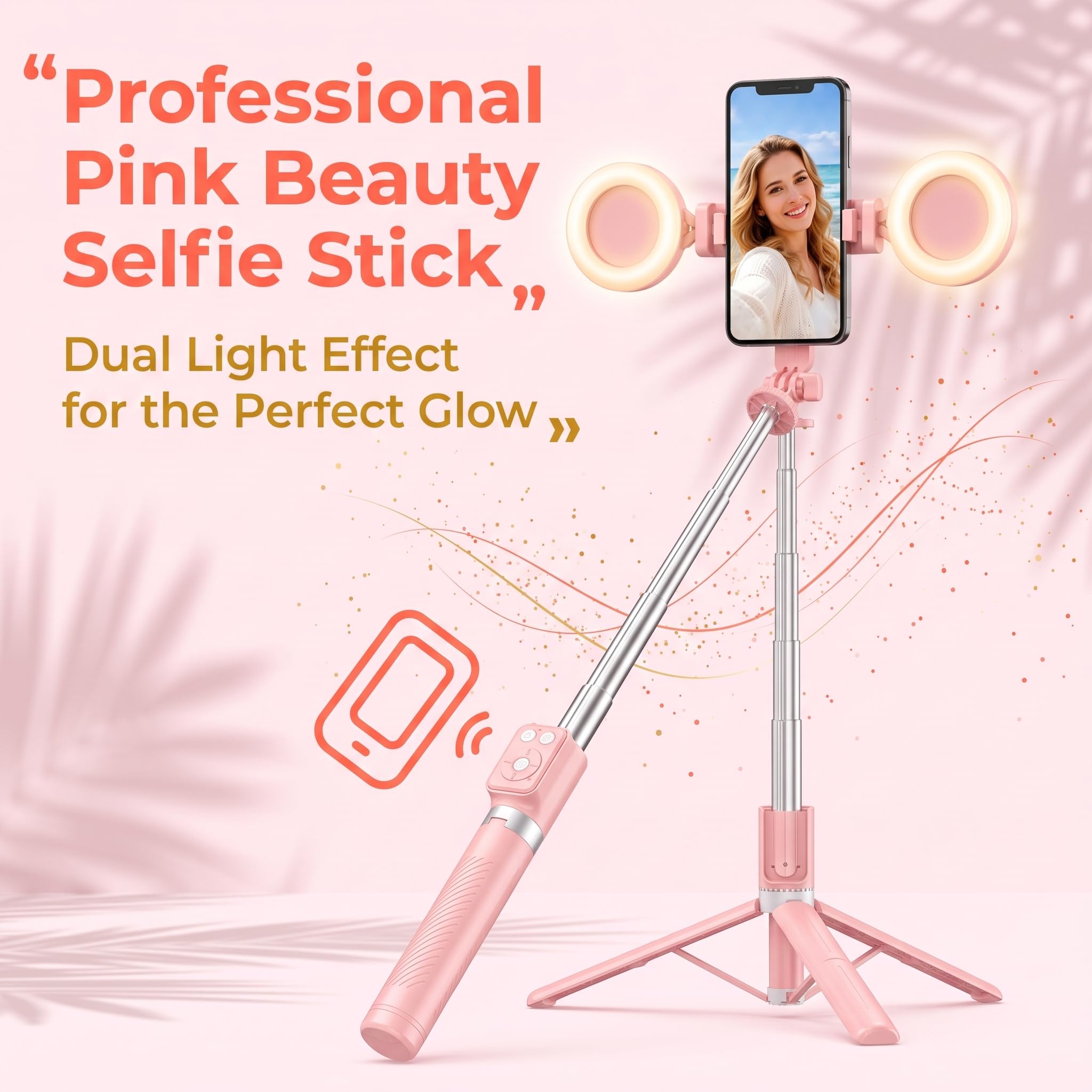 1.7m Bastone Selfie Treppiede con Luce, Cavalletto Telefono per Registrazione Video Compatibile con iPhone e Android Smartphone, Tripod Selfie Stick per TikTok YouTube Rosa
