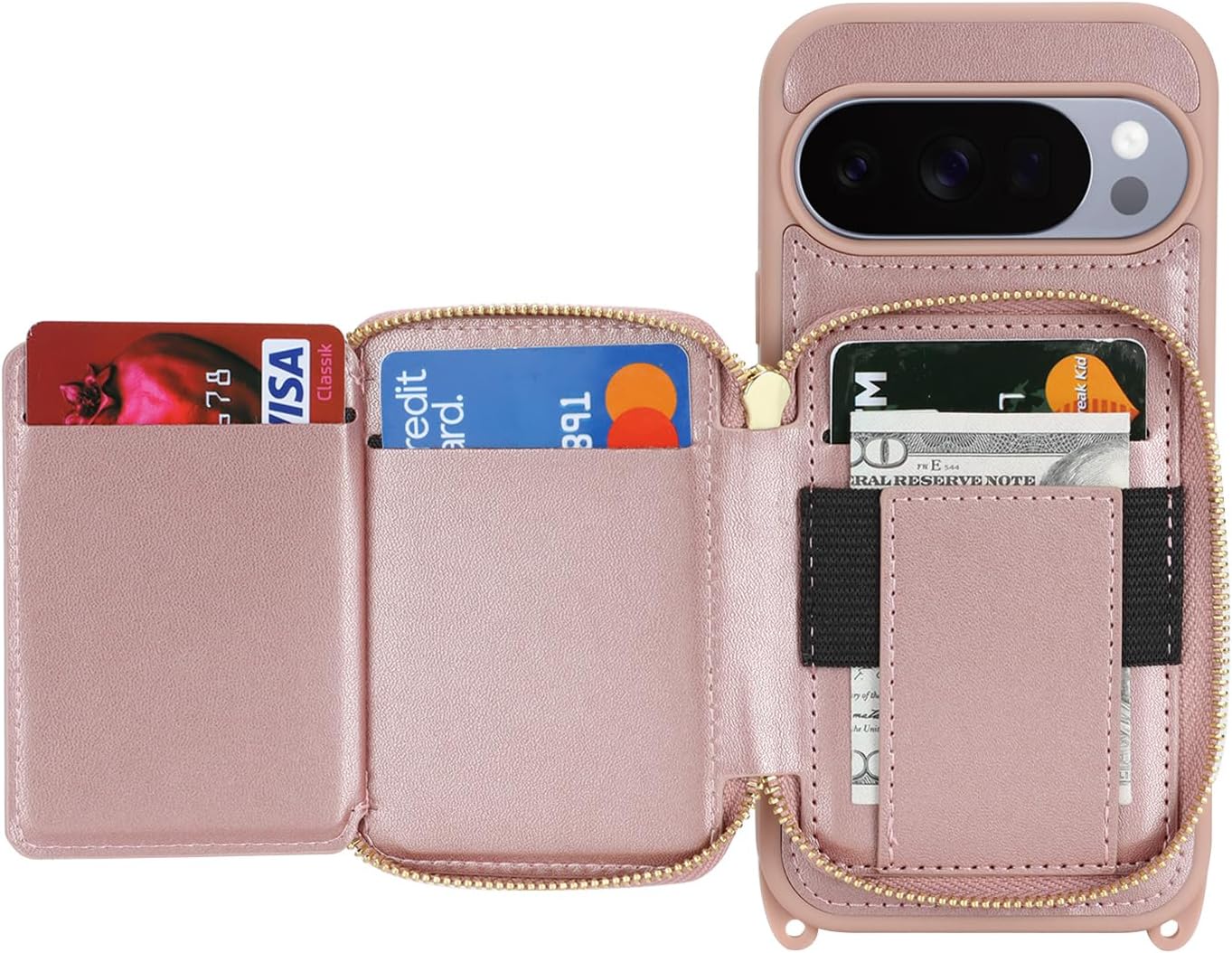 Crossbody Wallet Case for Pixel 10/10 Pro, PU Leather Zipper Handbag Purse Flip Cover, Kickstand Folio Case with Card Slots Holder Wrist Strap Lanyard -Rose Gold