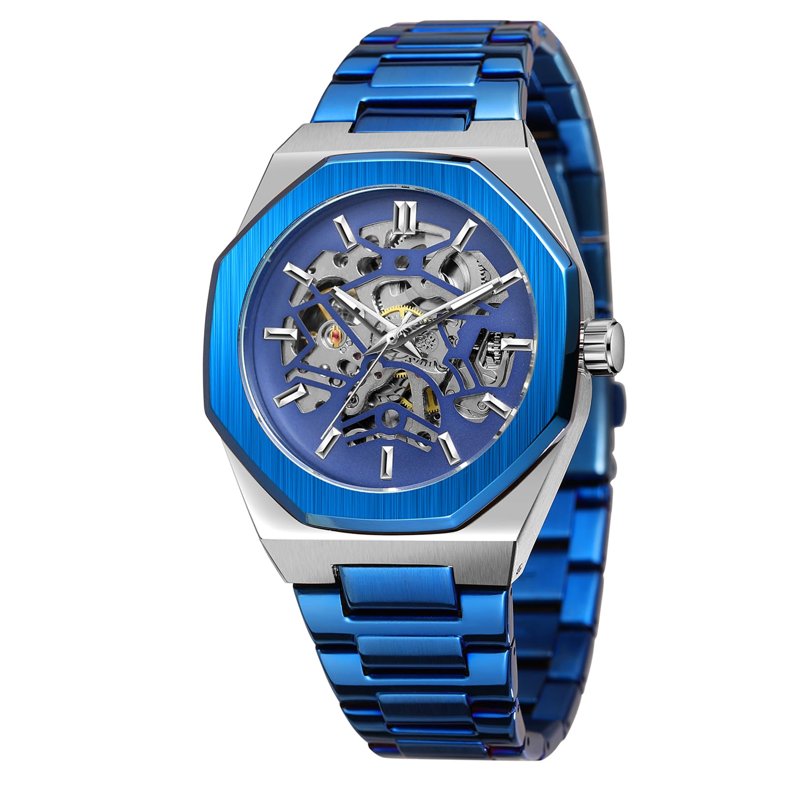 Mechanische Herrenuhr, selbstaufziehende Armbanduhr für Herren, achteckiges Gehäuse, Edelstahlband, Skelett-Design, Uhren