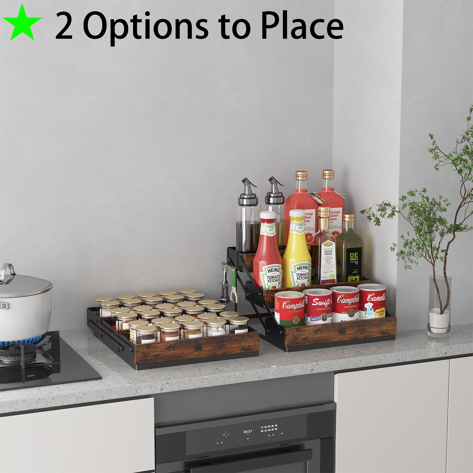 Organizador de especias de 3 niveles para gabinete, estante de especias plegable para encimera, cajones de gabinete, almacenamiento de especias de madera rústica para estación de cocina