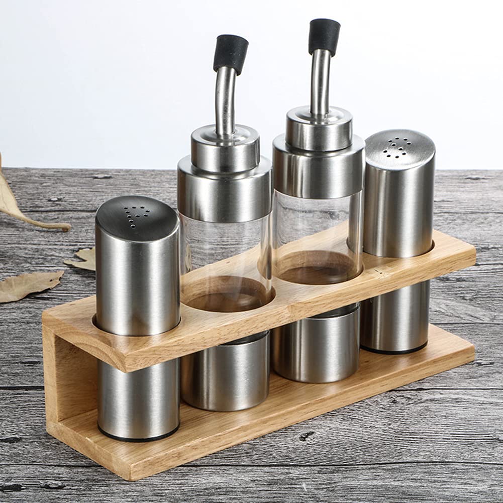 4-teiliges Öl- und Essigspender-Set inless Steel & S SE Set mit Holzregal inkl. 2 Öl- und Essigflaschen, 2 Salz- und Pfefferstreuer, Küche Se