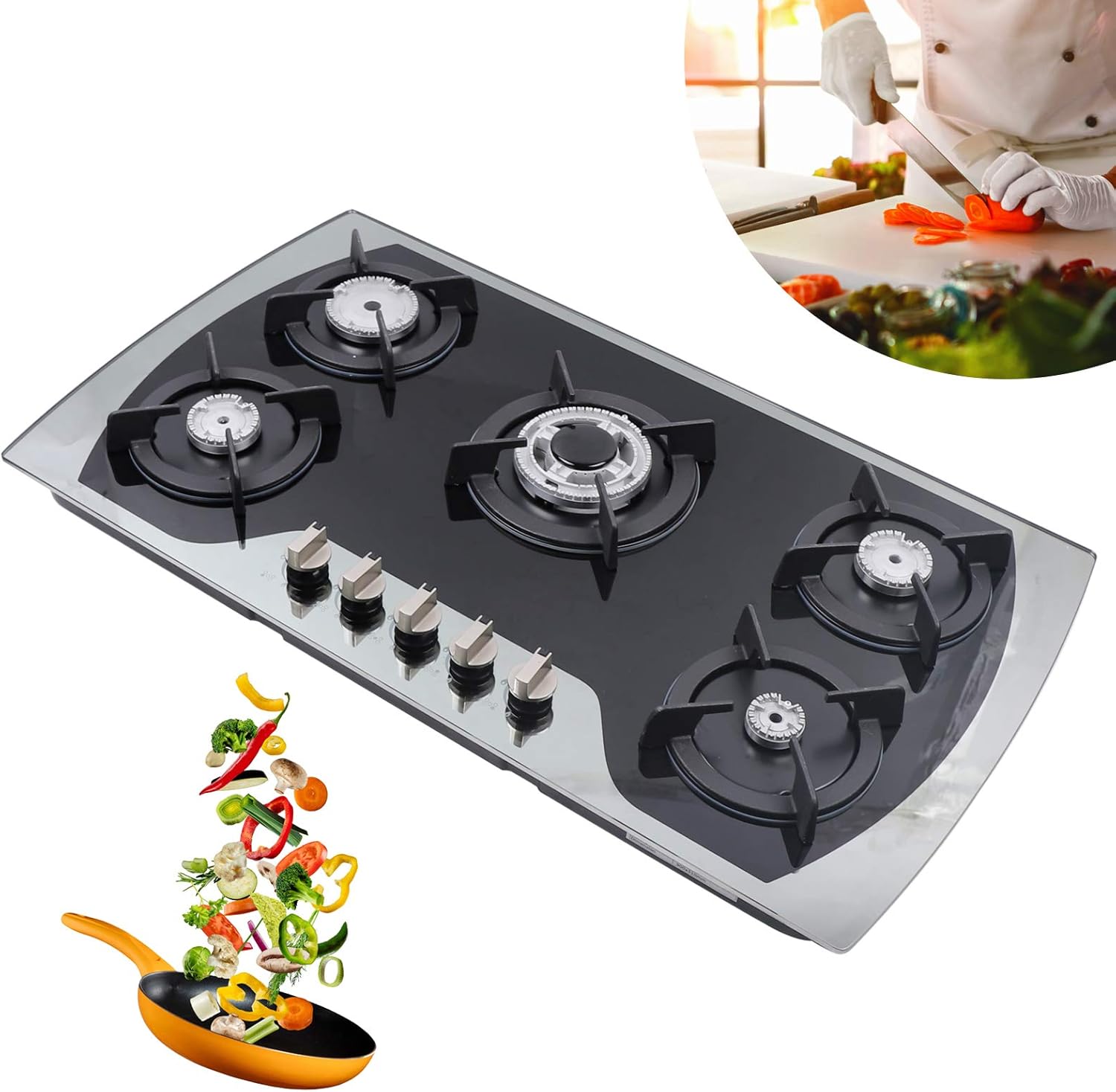 Futchoy 5 Burners Gas Stove For Kitchen Equipment, Tempered Glass Kitchen Cooker Stove Cooktop Build-in Gas Hob LPG/NG Black (5-burber 35.4 inch)
