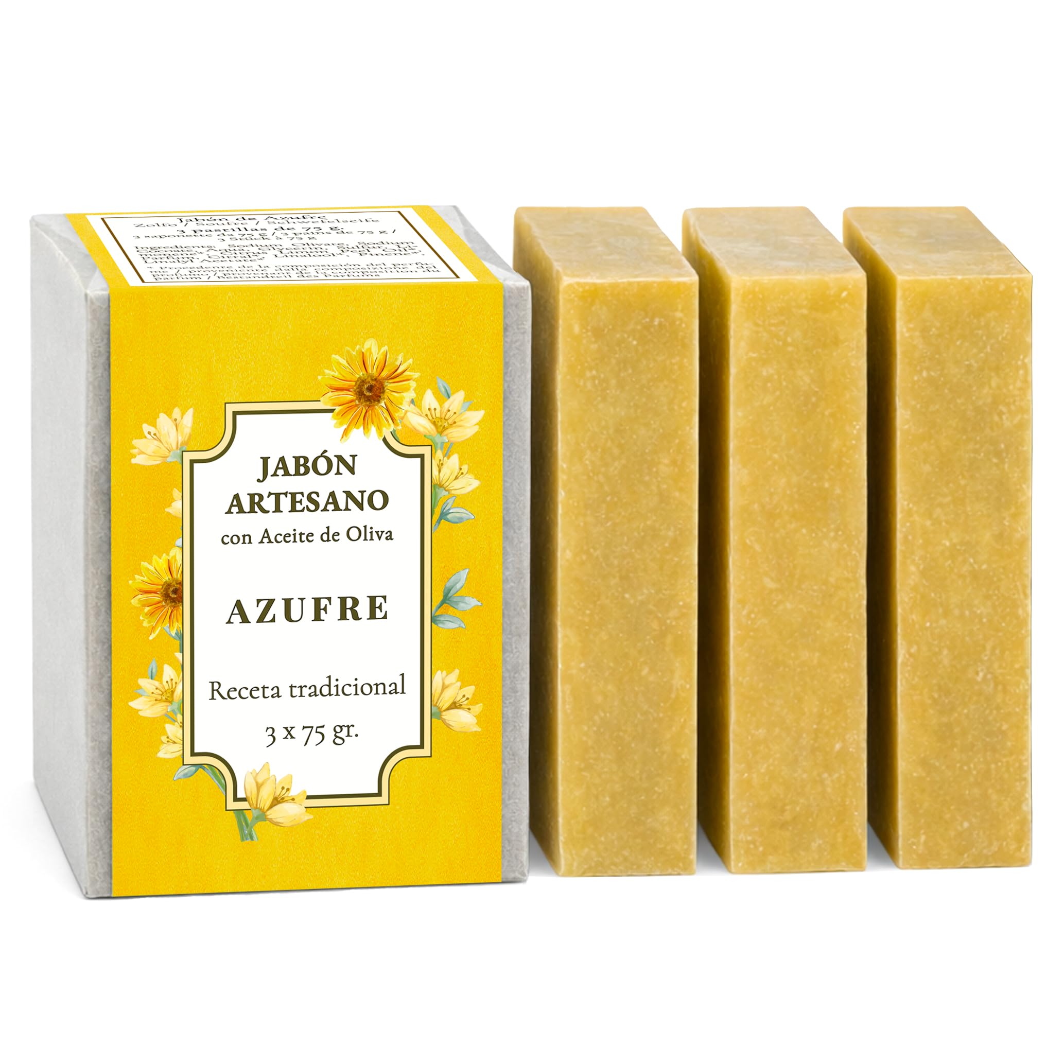 CABRERIZO SOAP Sapone allo Zolfo per acne viso – 3 saponi naturali artigianali con Olio d’Oliva, sapone Zolfo Viso per punti neri naso e brufoli, set saponette per pelle grassa e mista, 3 x 75 g