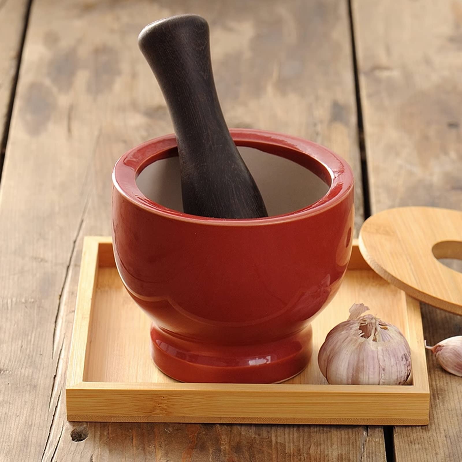 Trituradora, mortero y Maja Juego de mortero y Maja para Cocina con Tapa de bambú Molinillo de cerámica para moler mortero y Maja de Porcelana