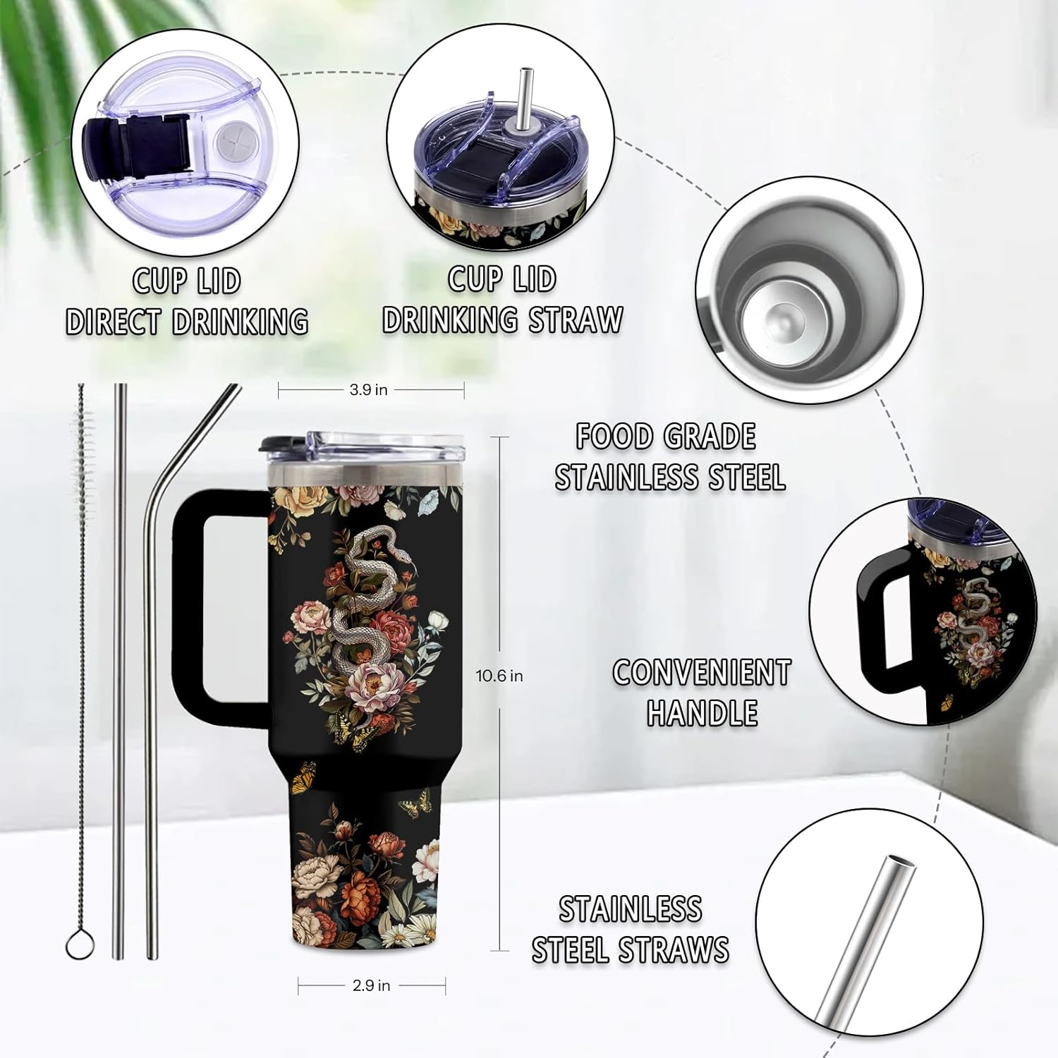 Goth Gifts for Women, 40 Oz Flower of Darkness Tumbler with Handle & Straw, Goth Water Bottle, Thanksgiving Christmas Birthday Gift for Goths Lover Snake Lovers, Goths Tumbler, 1 PCS - Image 3