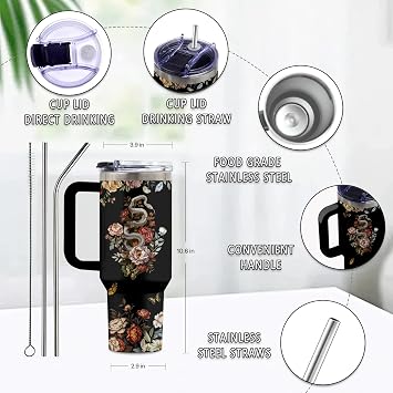 Goth Gifts for Women, 40 Oz Flower of Darkness Tumbler with Handle & Straw, Goth Water Bottle, Thanksgiving Christmas Birthday Gift for Goths Lover Snake Lovers, Goths Tumbler, 1 PCS