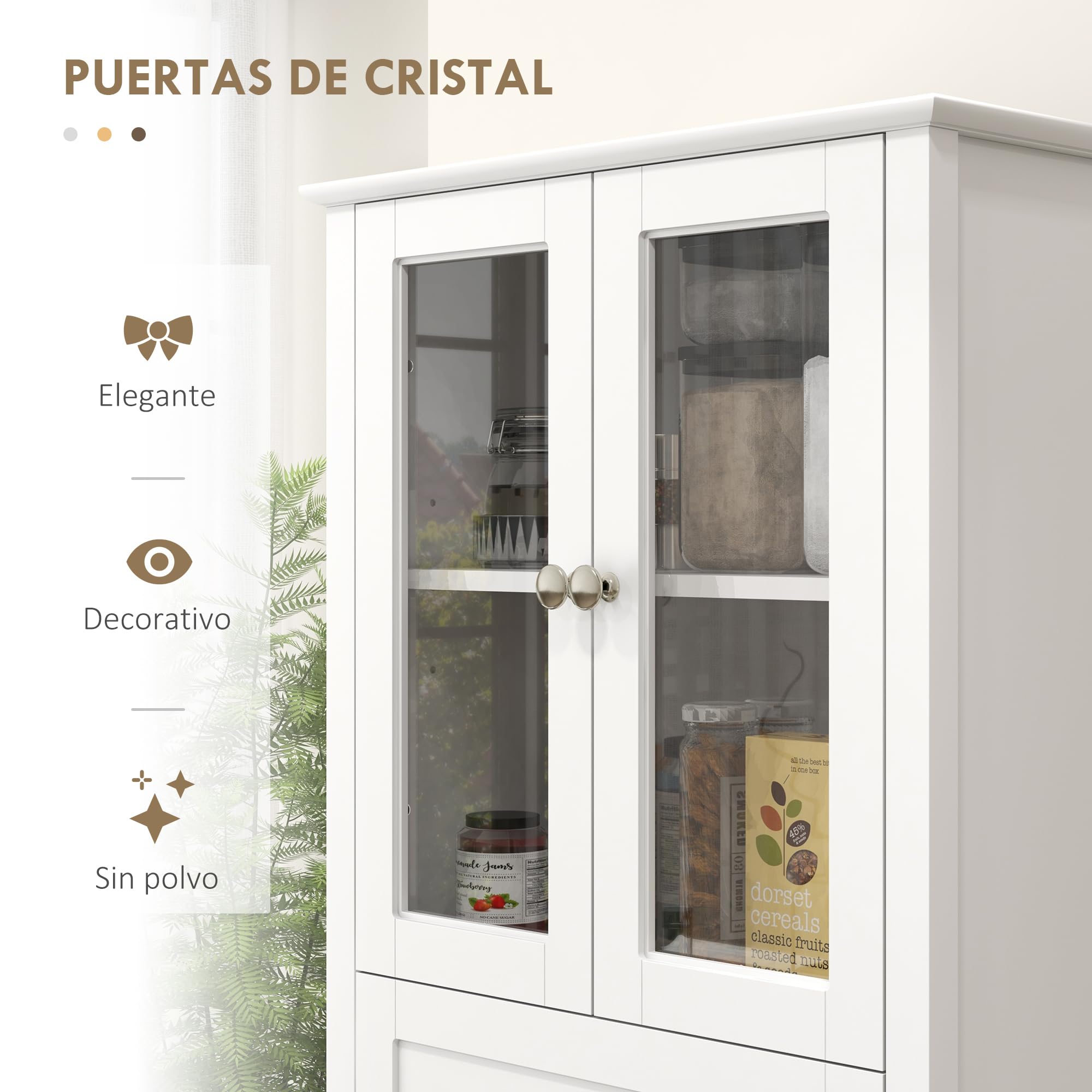 HOMCOM Alacena de Cocina Despensa con 2 Puertas 61x35x168,5 cm Blanco | Armario de Cocina, Vidrio Templado, Cajón, Estantes Ajustables, Aparador para Comedor
