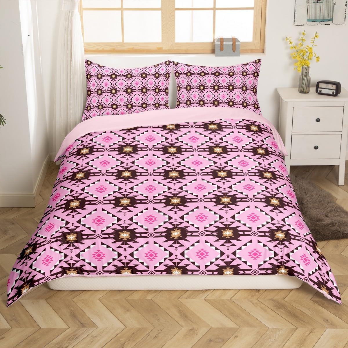 jejeloiu Kids Pink Southwest Native Duvet Cover Set,Geometric Southwestern Bedding Set Toddler Size,Western Tribal Comforter Cover,Southwest Quilt Cover for Boys Girls Room Decor,No Comforter
