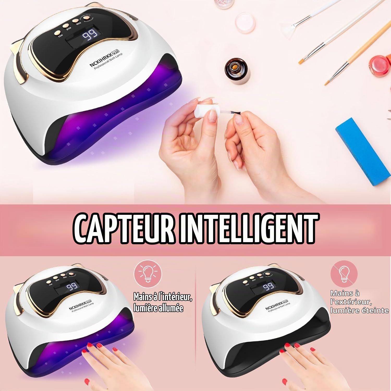 180W Lampe UV Ongles Gel, Poignée en Forme d'oreilles de Chat - Professionnelle Lampe UV Vernis Semi Permanent avec Mini Lampe UV Ongles Gel pour Durcir le Vernis à Ongles en Gel, Blanc