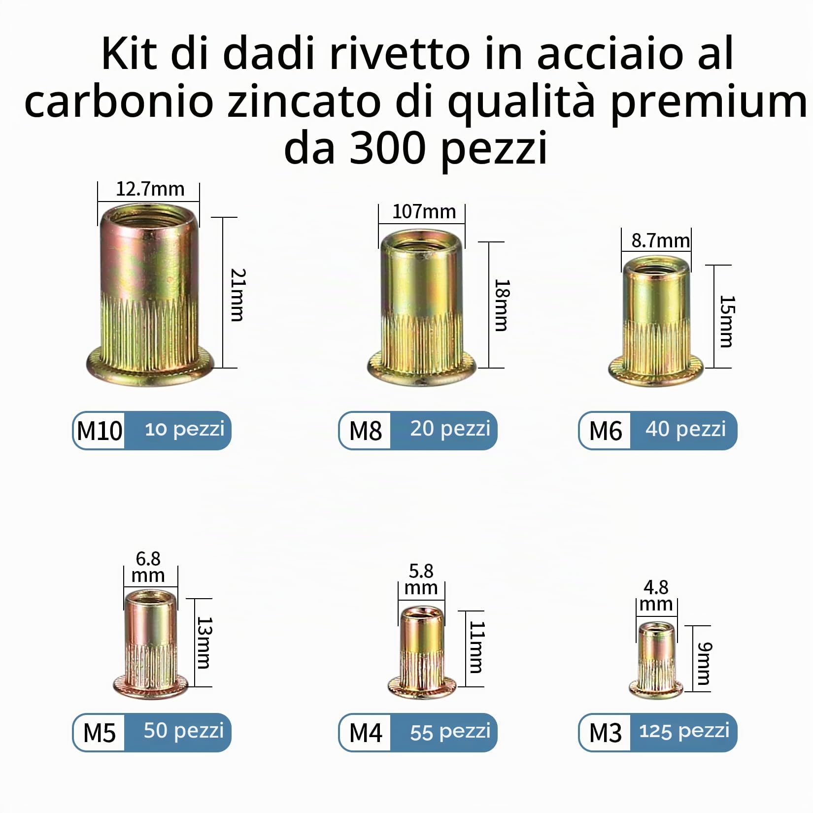 300 pezzi Inserti Filettati M3-M10, Rivetti Filettati in Acciaio al Carbonio, Testa Piatta Tonda, Nutsert Zincati, Dadi Rivettati per Lamiere Metalliche, Legno, Automobili e Applicazioni Varie