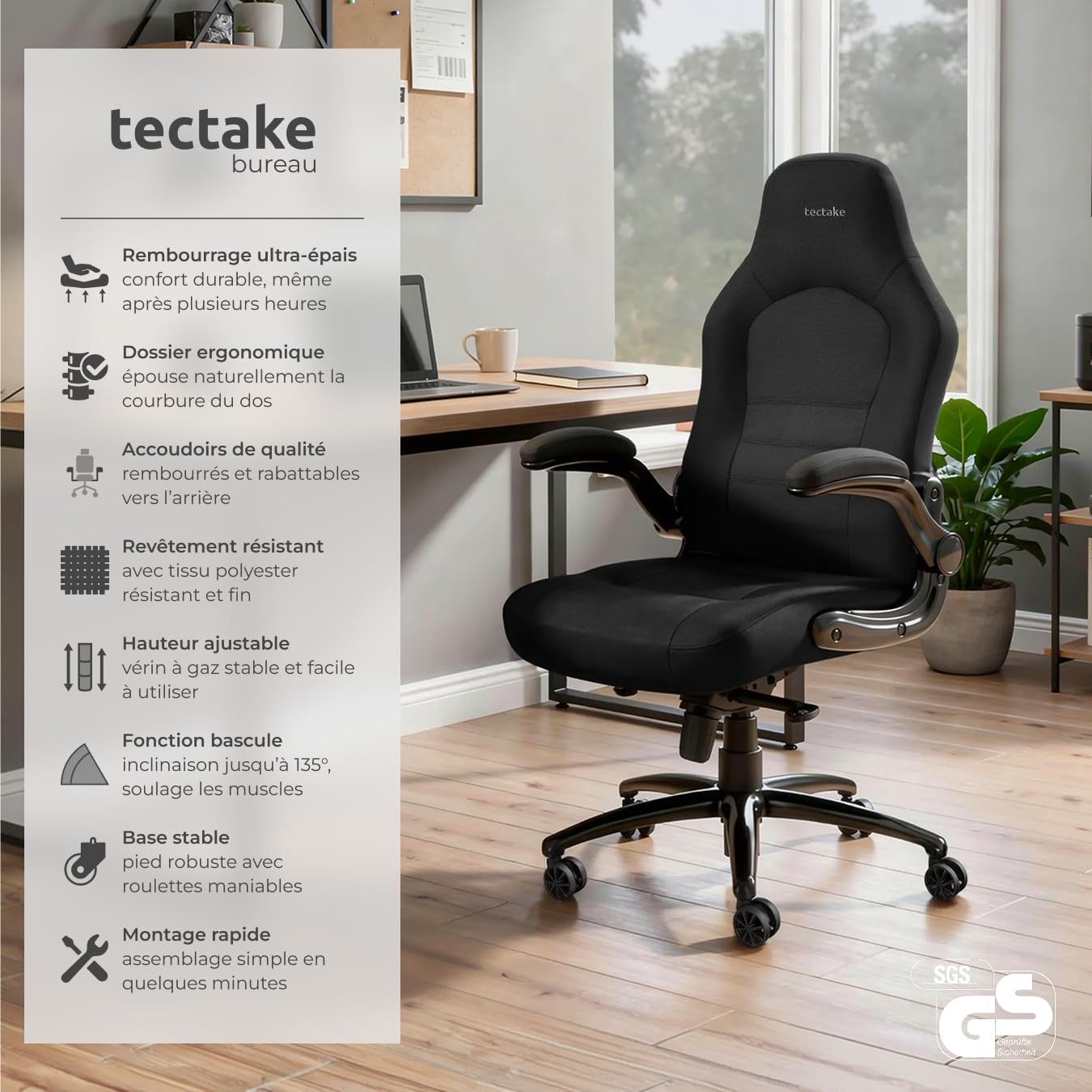 tectake® Chaise de Bureau Chaise Gaming Fauteuil de Bureau Fauteuil pivotant Design 360°, Siege Ergonomique, Fauteuil avec Accoudoirs Rabattables, Appui-tête rembourré, Roulette Teletravail - Noir