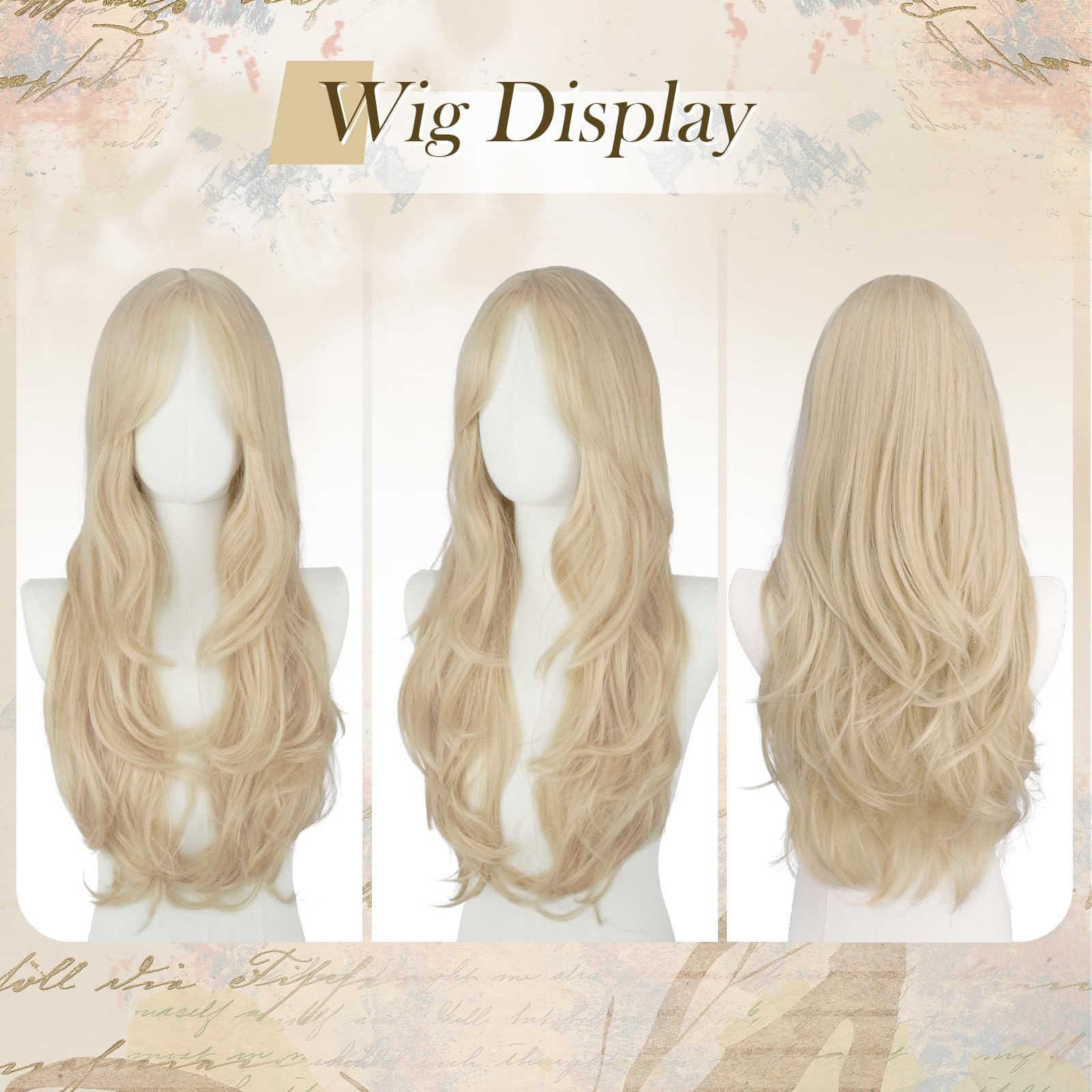 FESHFEN Perruque Longue pour Femmes Blond Platine Perruque avec Frange Dégradé Cheveux Naturelle Synthétique Résistante à la Chaleur Perruques Ondulé Utilisation Quotidienne Fêtes, 65 cm