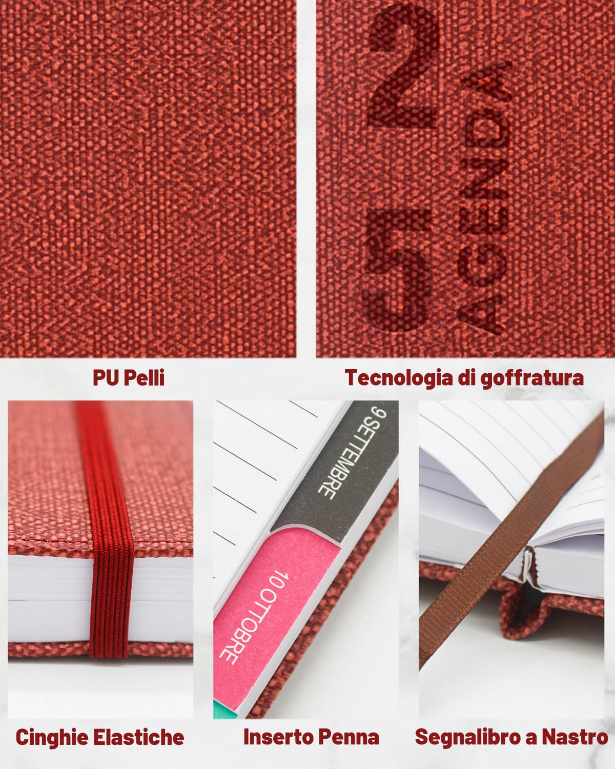 HW CASA Modello di Lino Agenda 2025 Giornaliera,Una Sola Pagina per Un Solo Giorno,Copertina Rigida in Pelle PU,Formato A5,200 Pagine,Etichette Mensili Colorate,Passante per Penna e Elastico (Rosso)