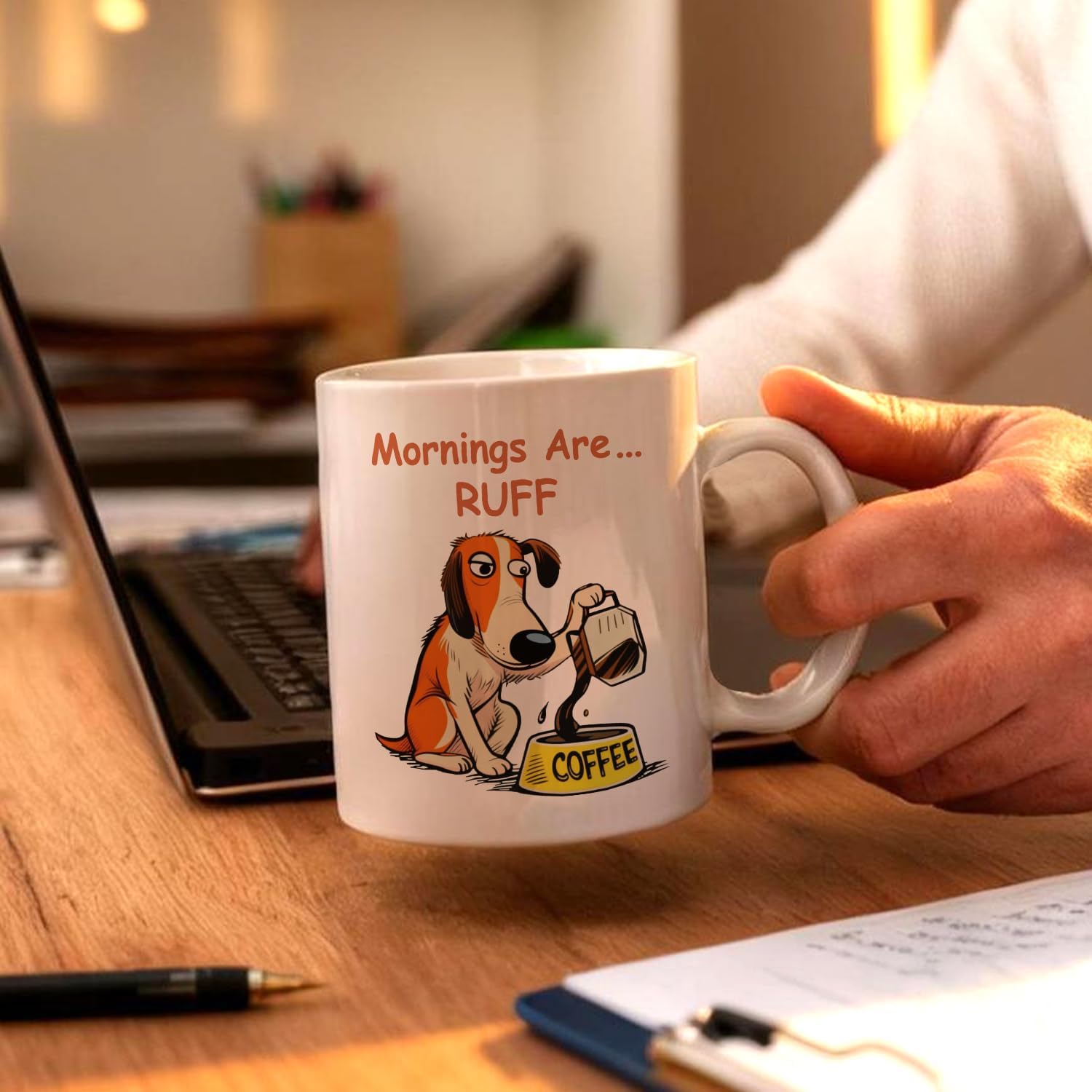 Funny Dog Coffee Mug, Mornings are Ruff, 11oz Ceramic Double Sided Print Coffee Tea Cup, Humor Office Gifts for Women Men Dog Lovers, Christmas Birthday Gifts for Employee Colleague Friend - Image 6