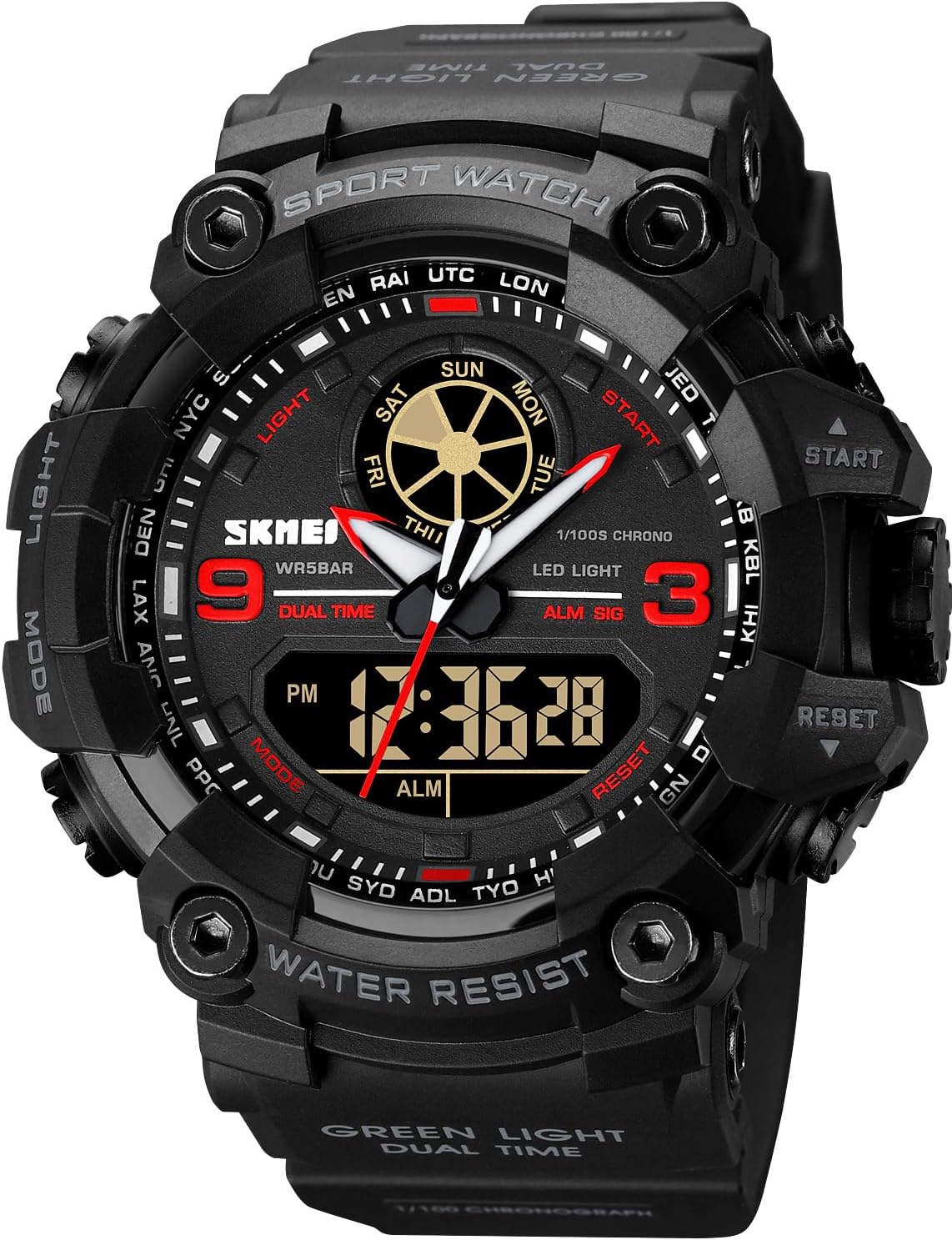 Mens Analog Digital Dual Display Sports Watches Military Multifunctional 50M Waterproof LED Watch with Alarm Stopwatch Backlight 12H/24H Outdoor Running Swimming