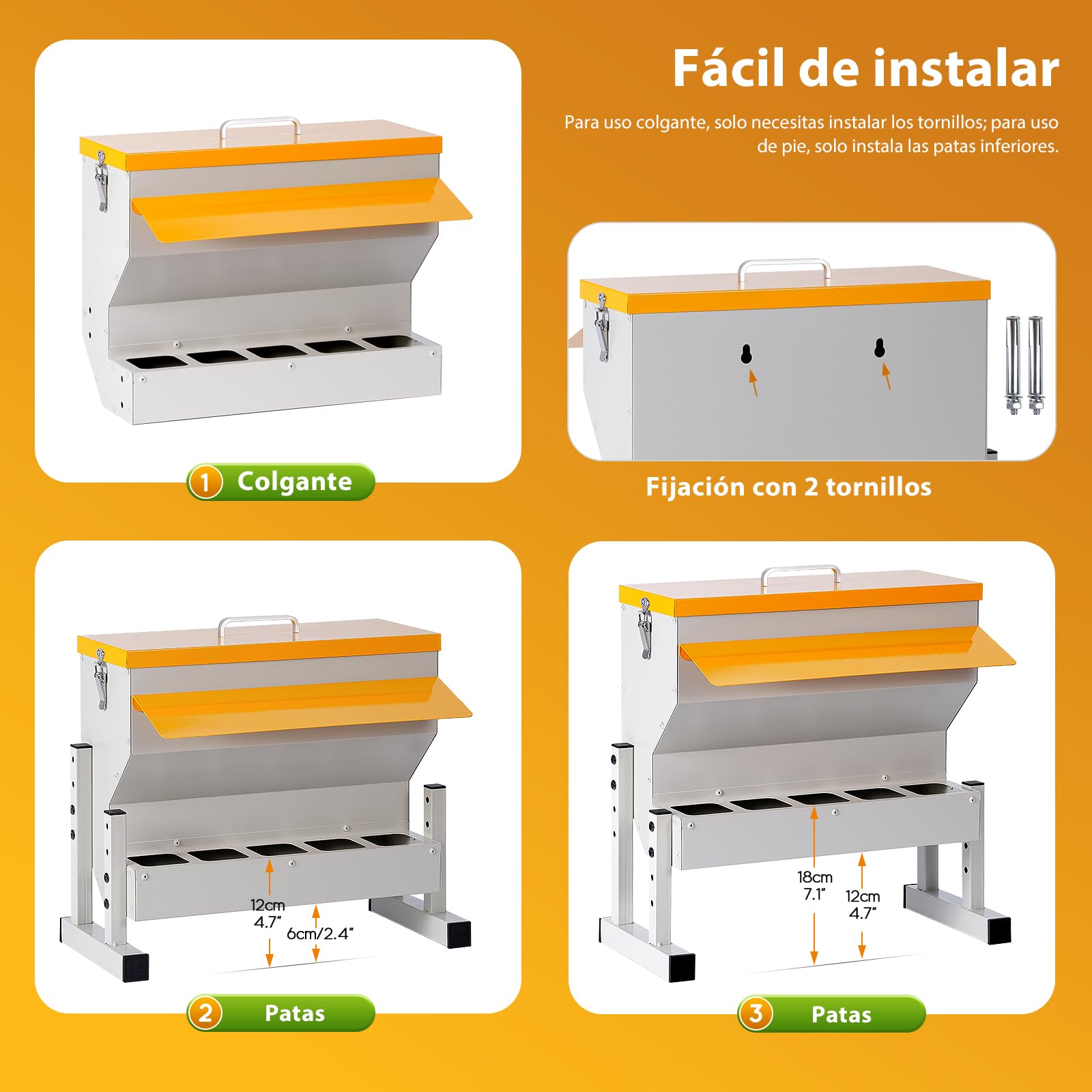 Comedero Automático de Gallinas de Metal de 16 L con Patas, Colgante, Firme | Distribuidor Automático de Alimento para Pollos, Aves de Corral y Patos, 5 Tazones de Pollo, Fácil de Montar y Limpiar