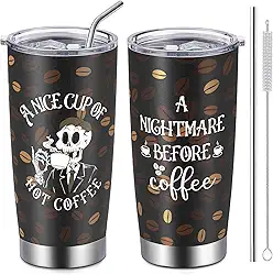 GWOWLWF Presentes de aniversário de Natal para homens e mulheres, copo de aço inoxidável de 590 ml com tampa e canudo, copo de café engraçado pesadelo, presentes para amigos Bestie Brother, copo de