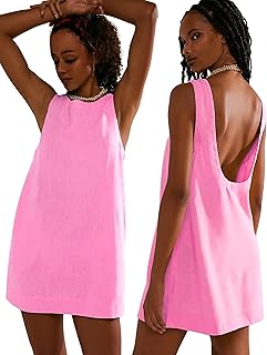 Womens Summer Linen Mini Dress Boat Neck Low Back Sleeveless Tank Dresses with Pockets 2025 Vacation Outfits - Buy now