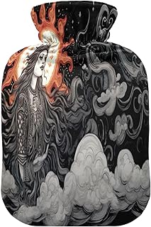 Wajiw Hot Water Bottle with Cover 1L Warm Water Bottle for Hot and Cold Compress Hot and Cold Therapies,Hand Feet Warmer,Sun and Moon