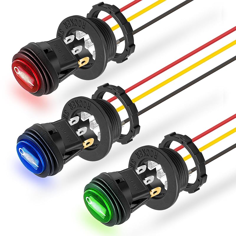 Interruptor Rocker Redondo Anina 12 V 20 A com LED, 3 Pinos, Liga/Desliga – 3 cabos pré-cabeados
