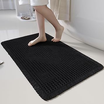 Non Slip Bath Mats for Bathroom Soft Absorbent Boho Bathroom Rugs with Tassels Waffle Bath Mat Machine Washable Black, 16" x 2