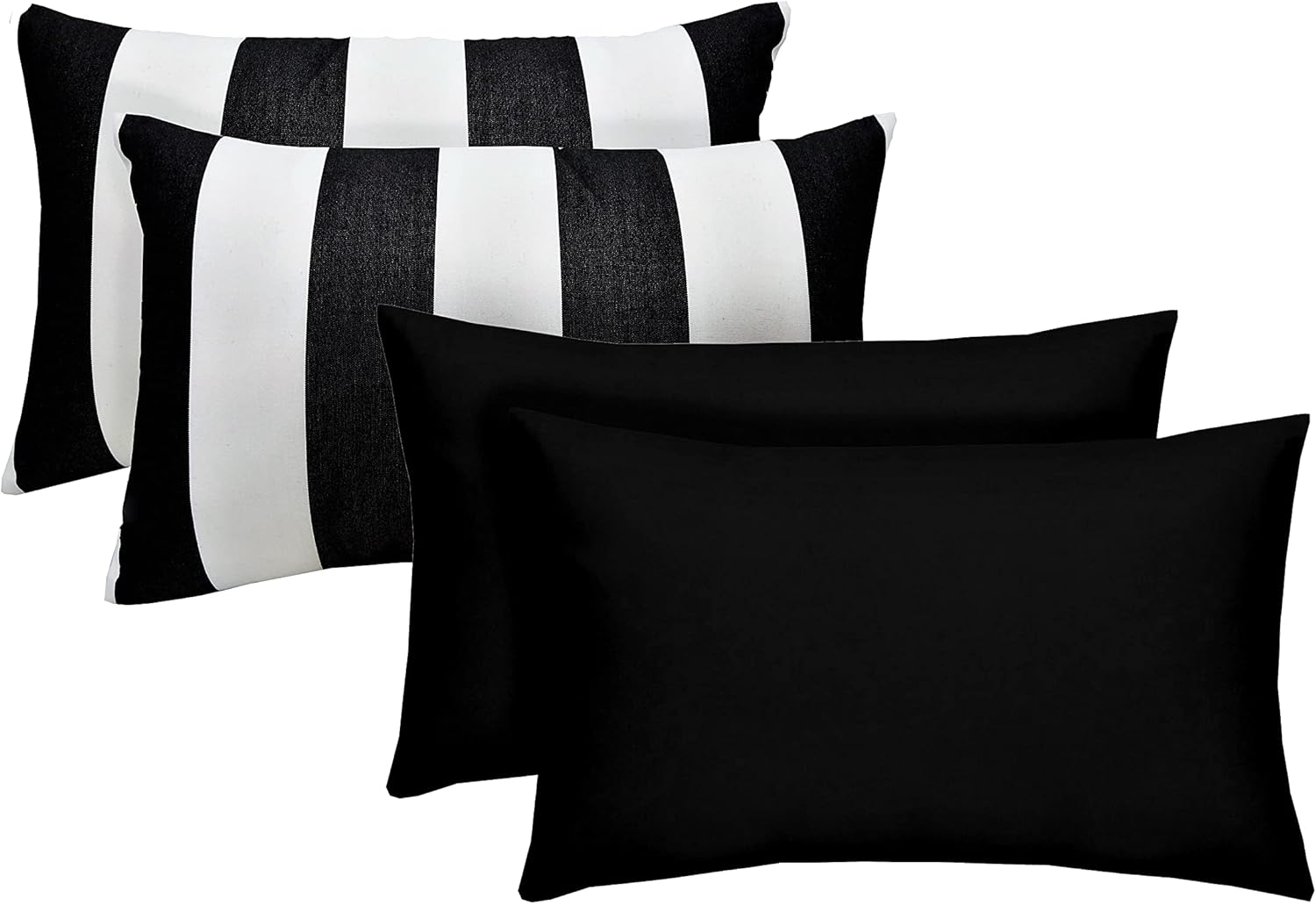 RSH DECOR: Lumbar Throw Pillows Set of 4 | 20” x 12" | All-Weather Spun Fabric | Water and Fade-Resistant | Outdoor Support Pillows for Patio Furniture | Black & White Stripe + Solid Black