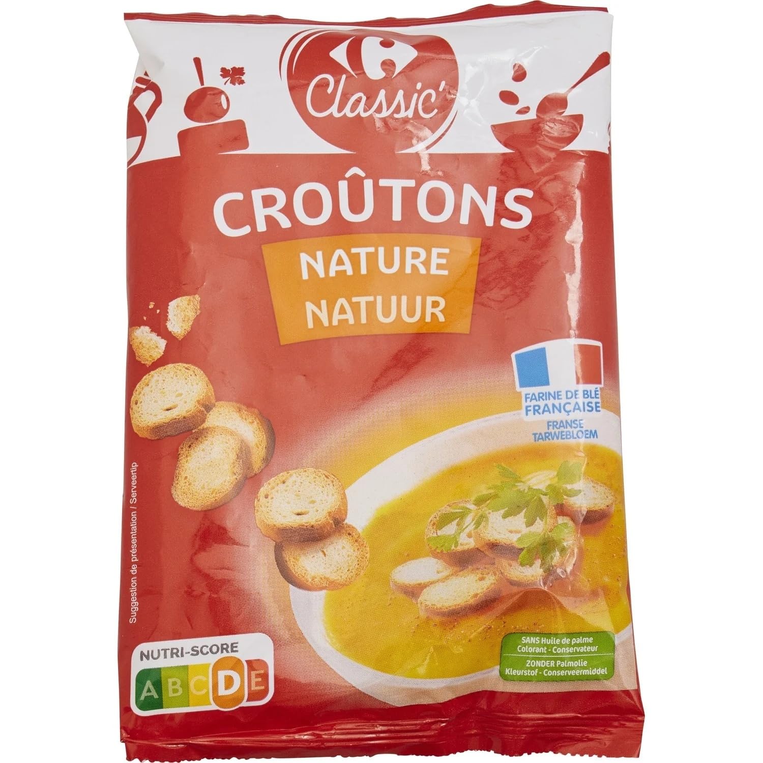 CARREFOUR CLASSIC' - Croûtons Ronds Frits Nature - Sans Huile de Palme - le sachet de 90g - Le Lot De 4