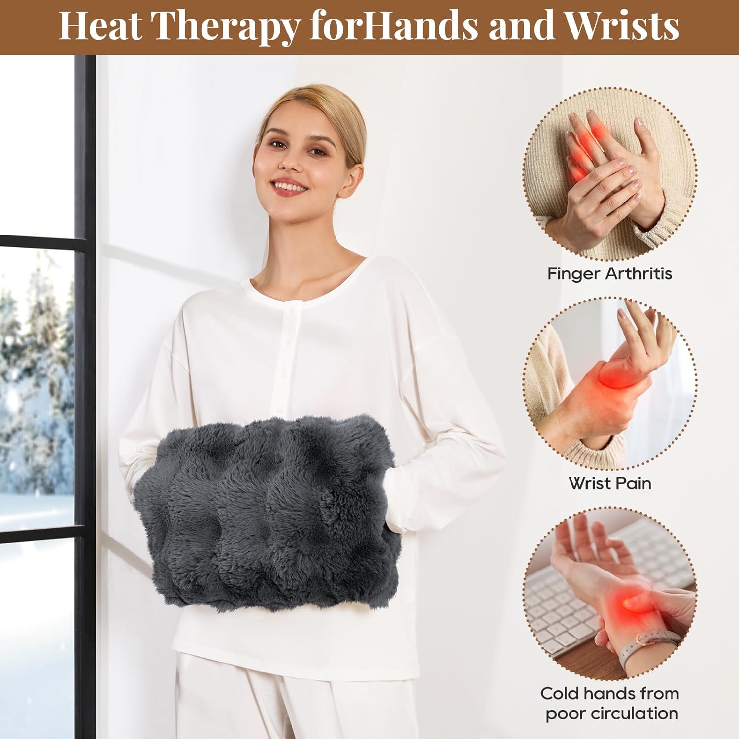 Double-Sided Heating Pad for Hands, Luxury Faux Fur Electric Hand Warmer for Fingers Arthritis, Heated Gloves Indoor Use, Hand Warmer Pouch for Women Men Hand Pain Relief, 3 Levels, Dark Grey