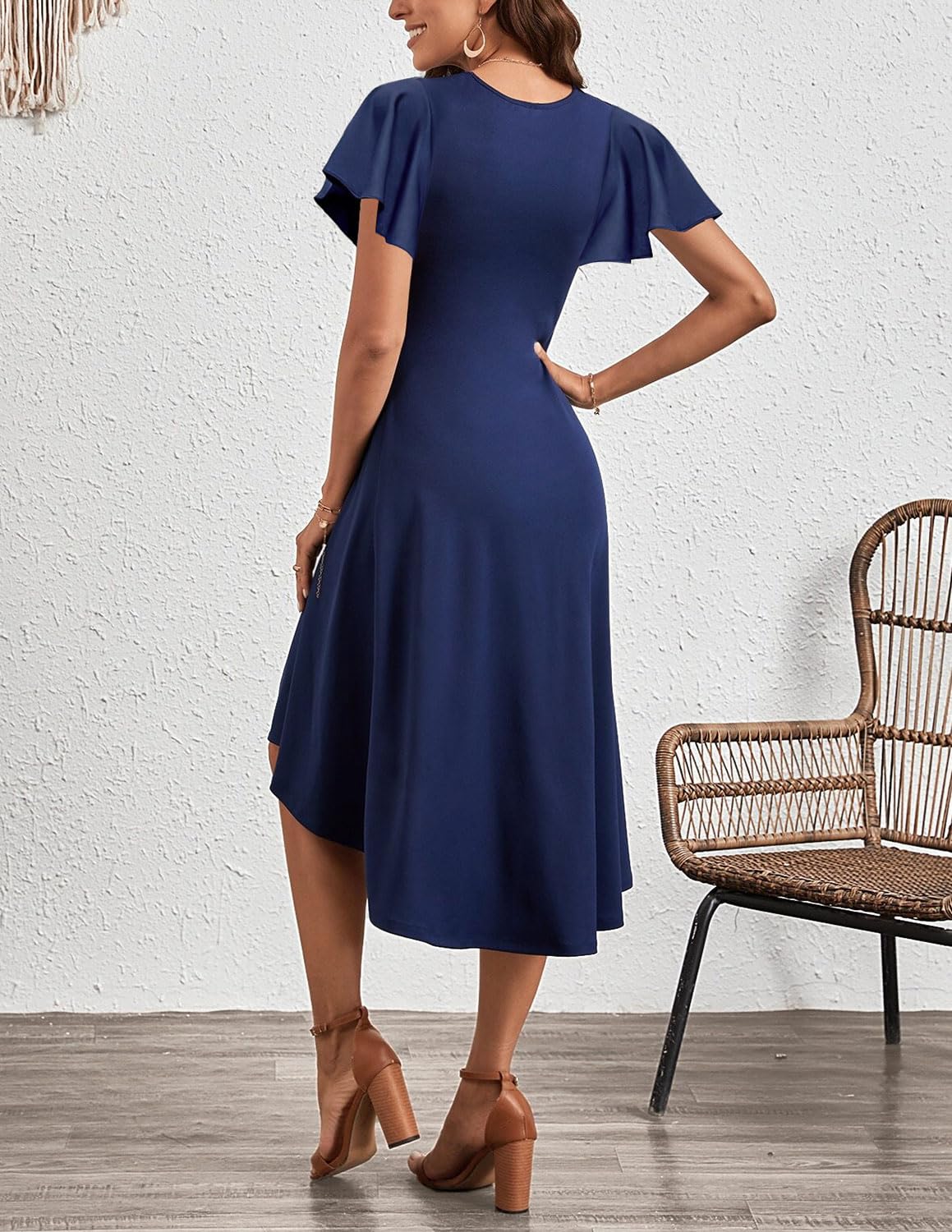 Cocktailkleider Damen Elegant Einfarbiges A-Linie Kleid mit Taillenfalten Festlich Hochzeit Kurz Abendkleid Sommer