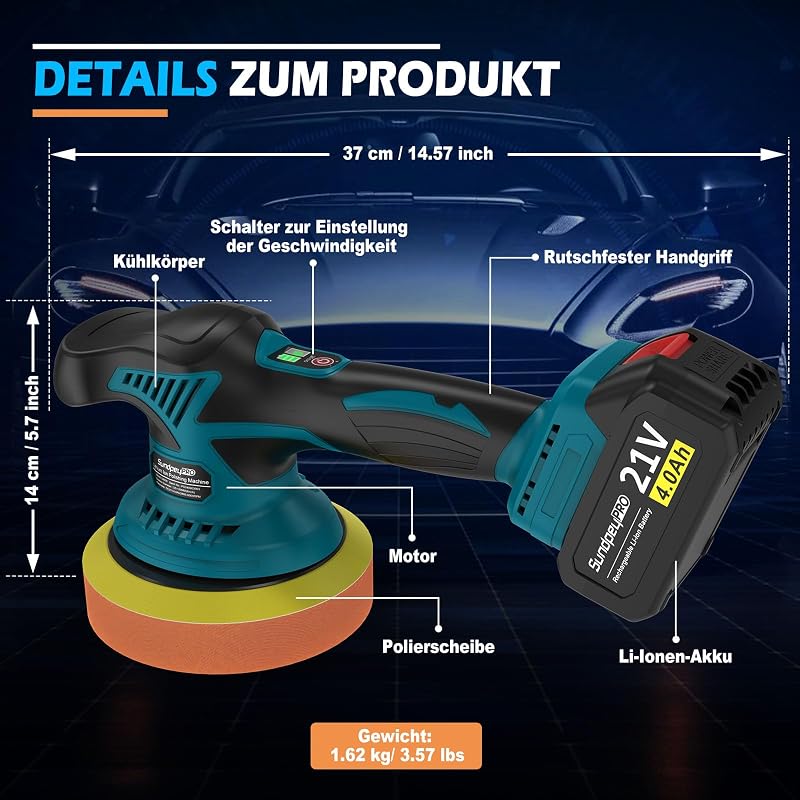 SundpeyPRO 21V akkus polír gép 8 fokozatú 6000 ford perc 2x4000 mAh autó fényezés polírozás viaszolás karceltávolítás kék-fekete