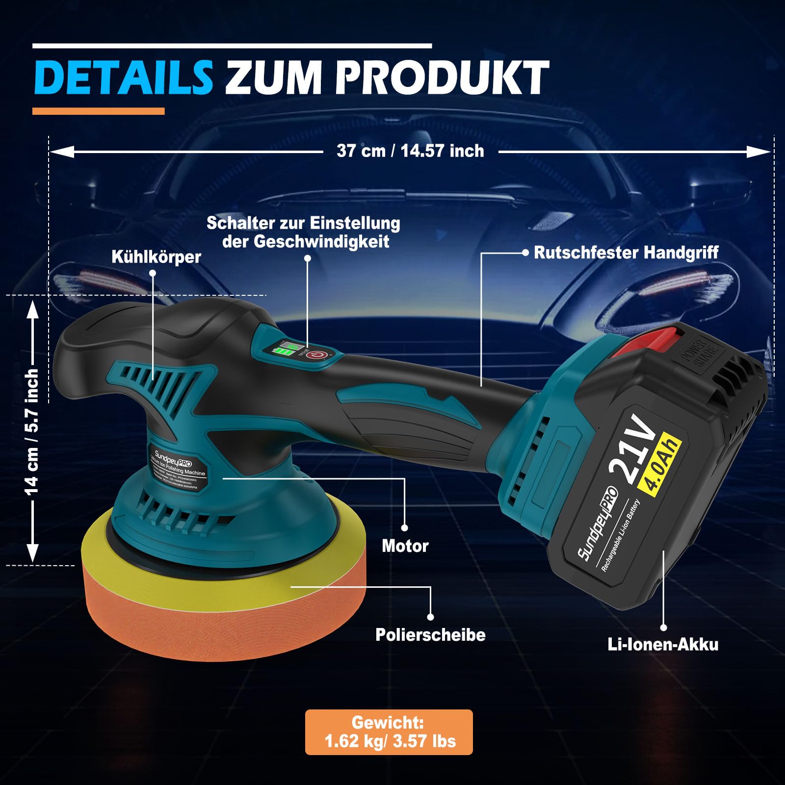 Poliermaschine Auto Akku, 21V Akku Poliermaschine mit 2 * 4000mAh Akkus & 8 Variablen Geschwindigkeiten & 6000RPM, Poliermaschine für die Autopflege Polieren Wachsen Entfernen von Kratzern