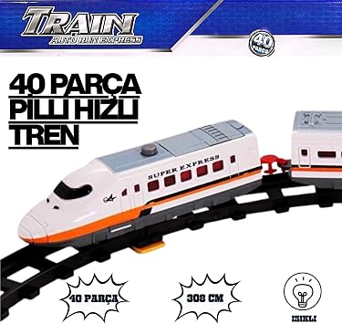 Solira Store - 40 Parça Pilli Işıklı Hızlı Tren Oyun Seti 308 cm Şalterli ve Kavisli Raylı Ağaç İşaretli Tren Seti