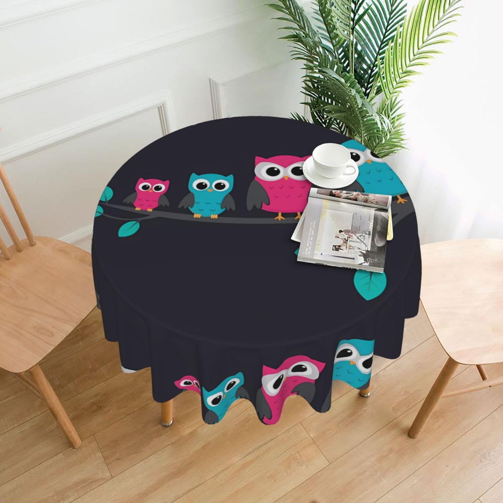 Hjfczh Black Cute Owls Prints Round Table Throw 60 Inch - Waterproof Table Cover - Soft & Wrinkle Resistant Decor Layer For Dinners, Parties & Everyday Use