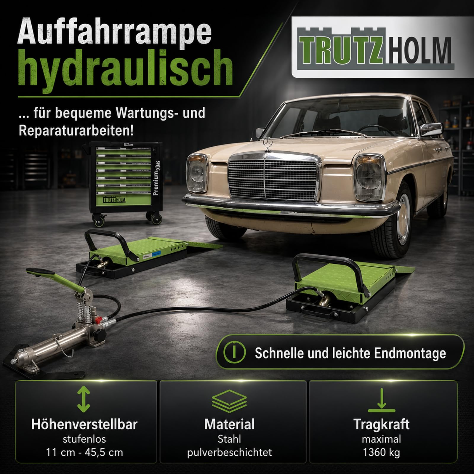TRUTZHOLM Auffahrrampe hydraulisch höhenverstellbar Tragkraft 1360 kg Breite je Hebeplattform 34 cm doppelte Hebebühne Wagenheber Car Lift Scherenheber Montagerampe KFZ Rampe Auffahrbock schwarz/grün