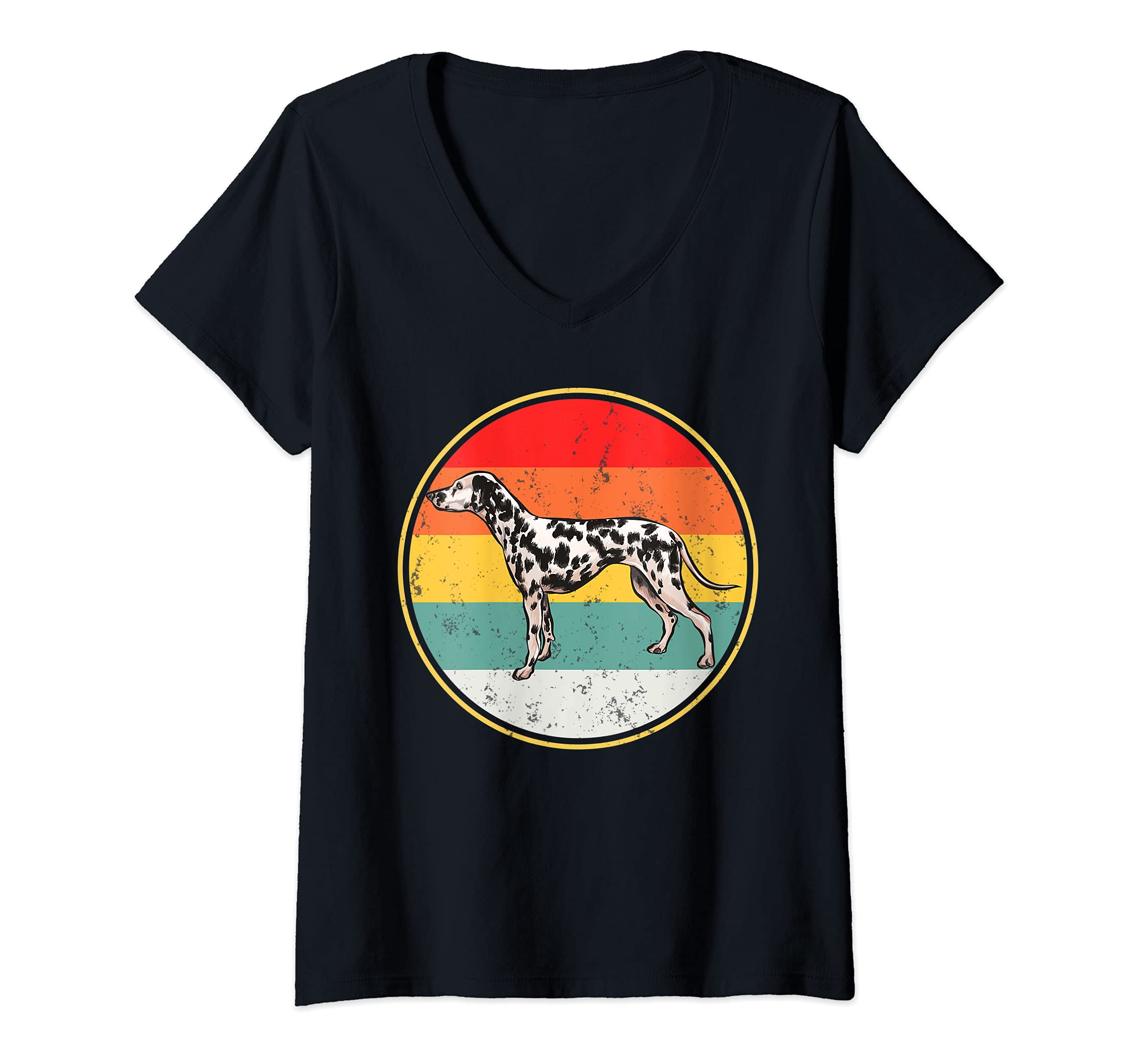 Womens Vintage Retro Sunset Dalmatian Dog V-Neck T-Shirt, Black