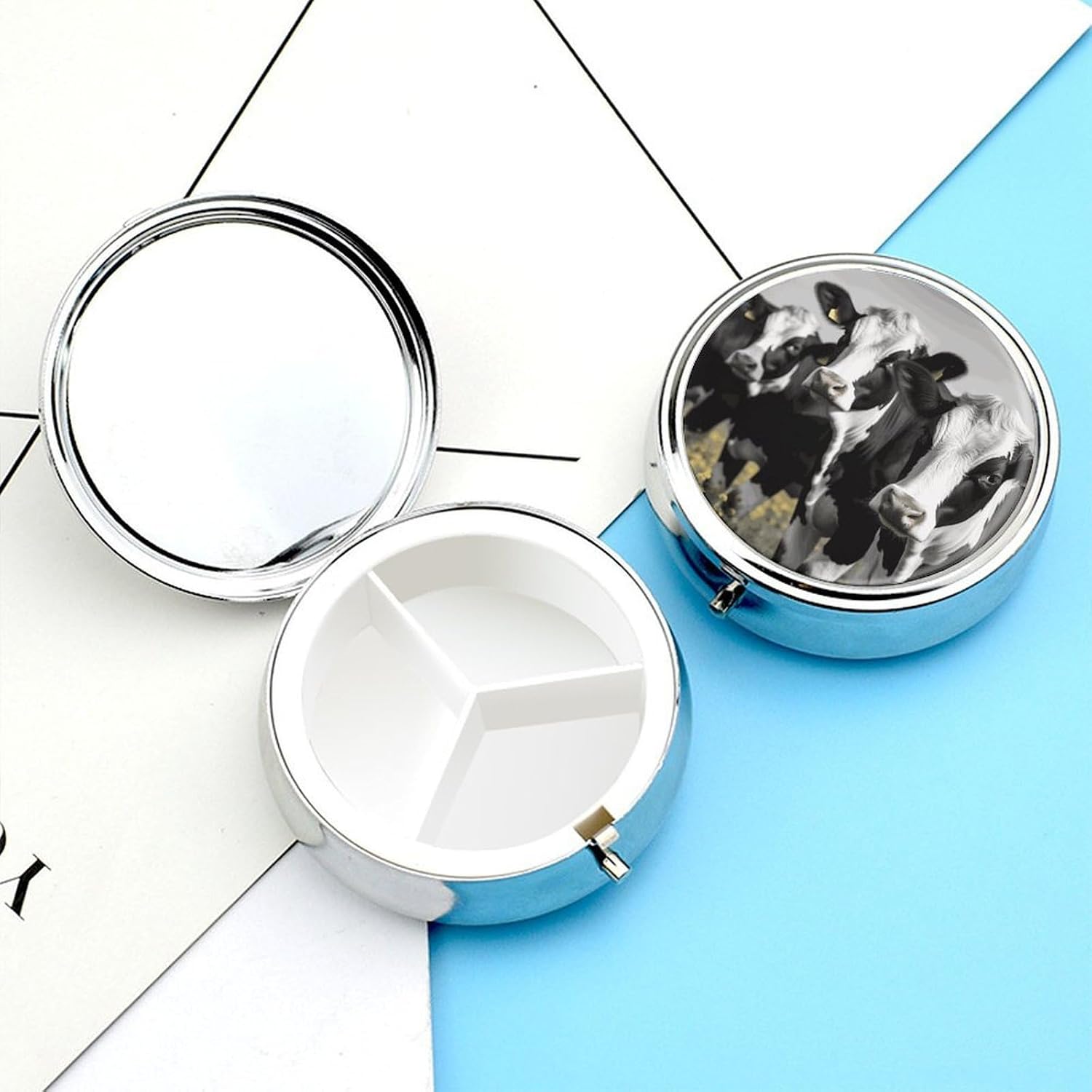 Round Silver Pill Box Small Pill Case for Purse and Pocket 3 Compartment