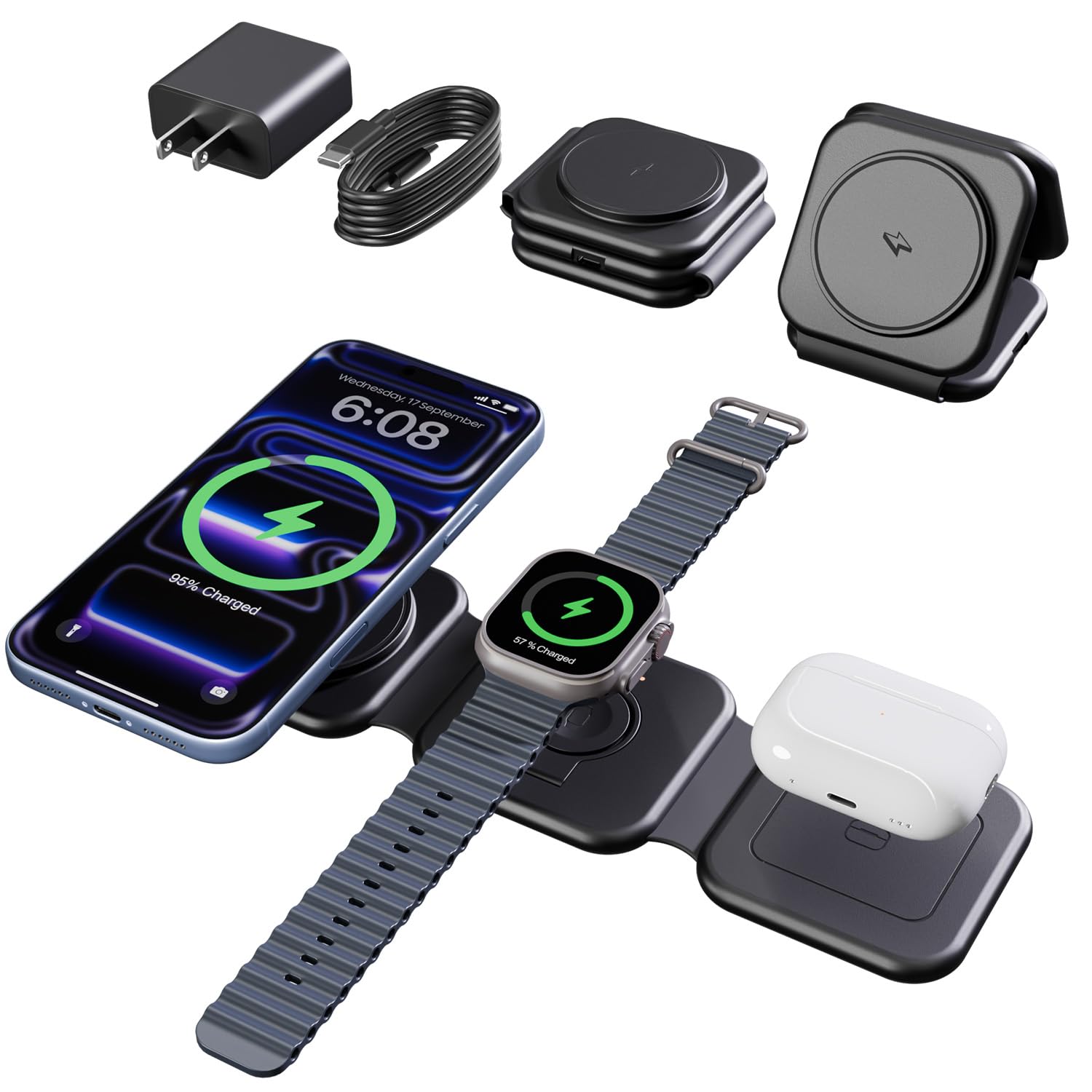 Stazione di ricarica da 15 W per dispositivi Apple multipli: caricabatterie wireless pieghevole 3 in 1, caricabatterie rapido Qi2 per iPhone Air 17, 16, 15, 14, 13, 12 Pro Max, sottile, nero opaco