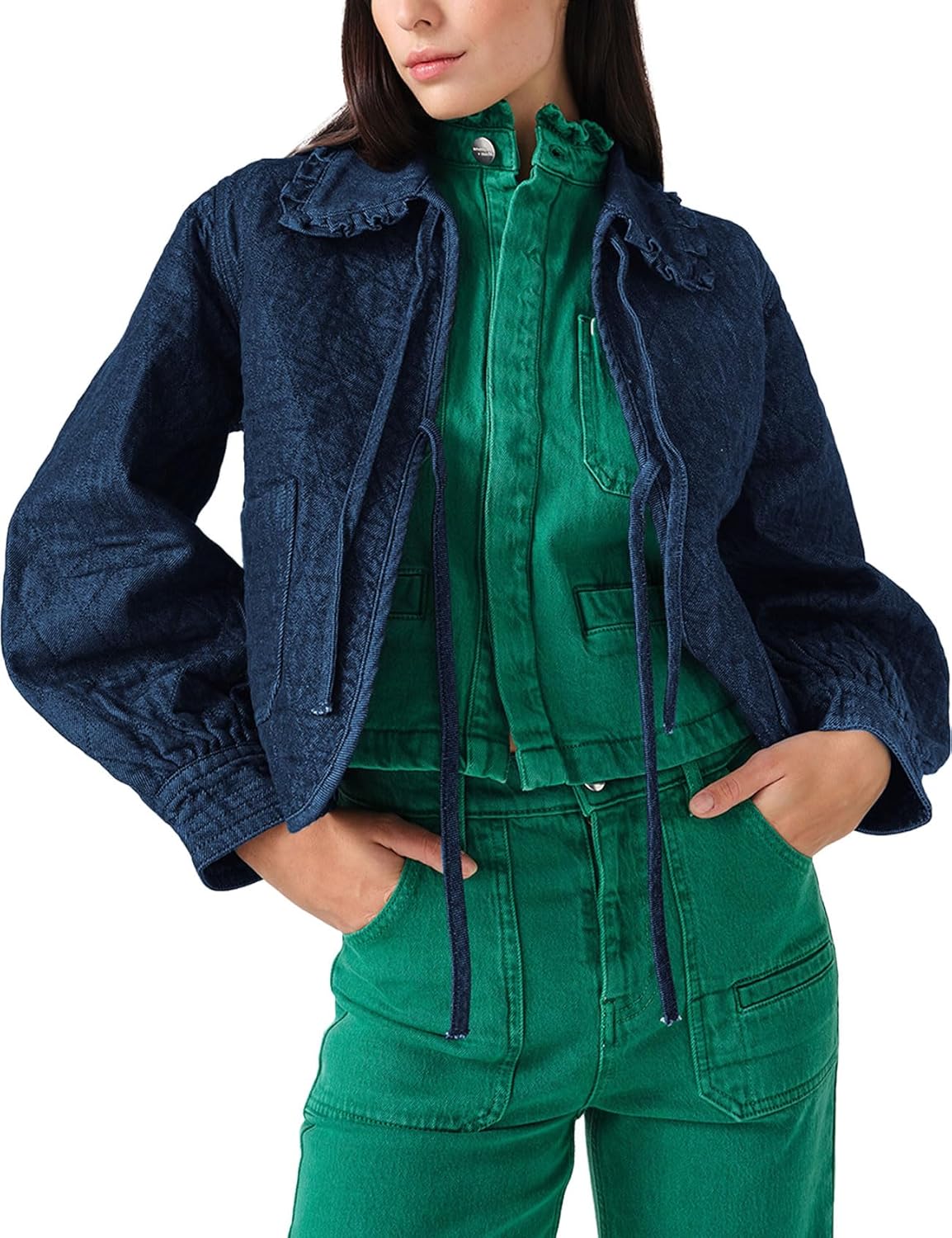 Kedera Womens Denim Jacket Casual Long Sleeve Peter Pan Collar Denim Shirts Tie Front Shacket Loose Fit Top - Image 2