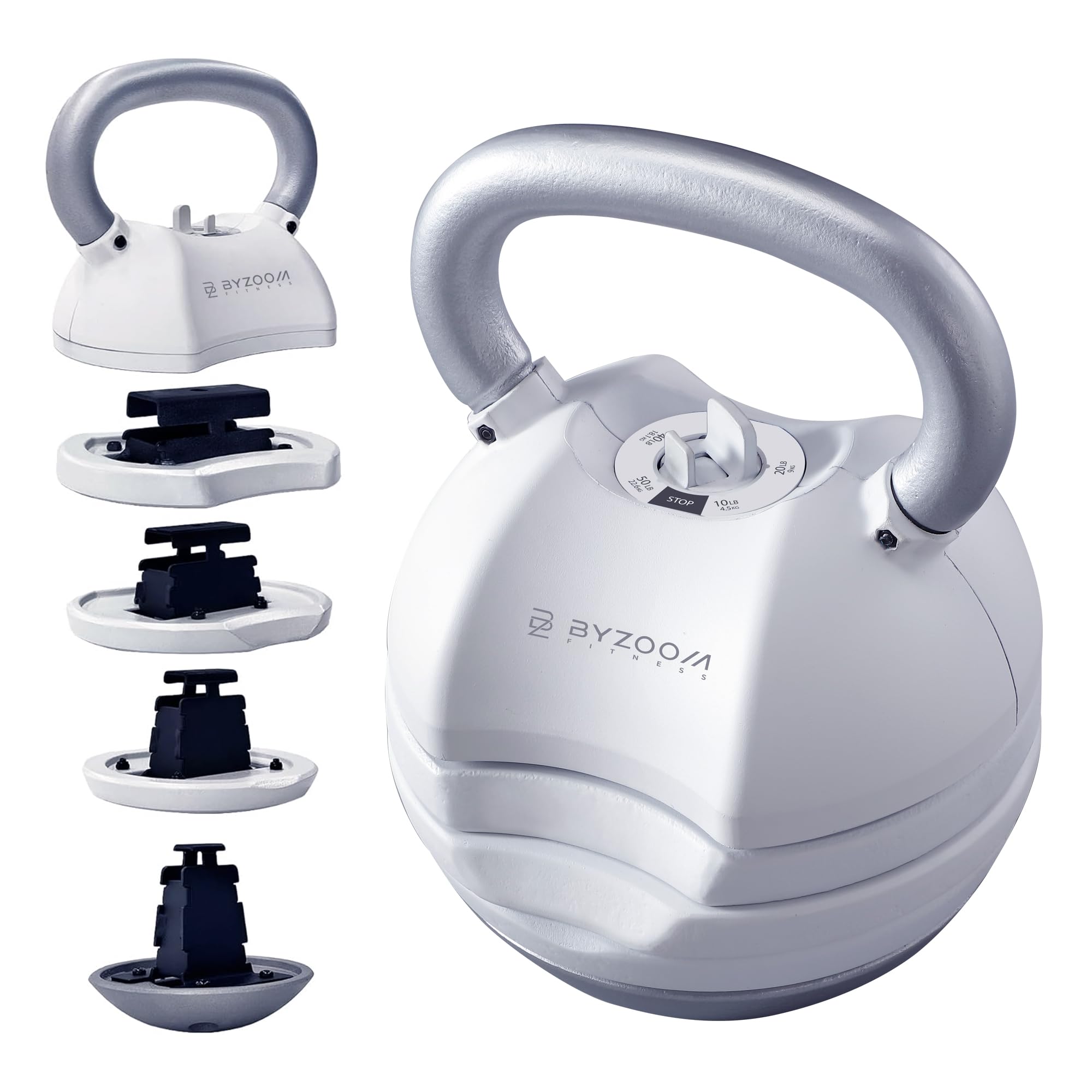 BYZOOM FITNESS Pure Series Adjustable Kettlebell 30/40/50LB - 5-IN-1 Weight Change, Patented Quick-Change Machenism, Ergonomic Curved Handle for Home Gym, Strength Training, HIIT, White OR Black