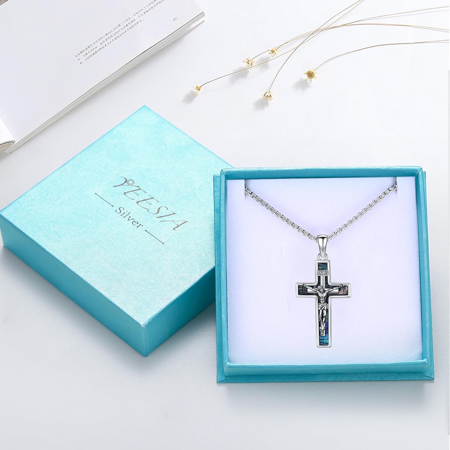 Crucifix Necklace 925 Sterling Silver Jesus/Orthodox Cross Pendant Gold Plated Necklace Abalone/Turquoise/Malachite Cross Jewelry Gift for Men Women Friend Brother - Image 7