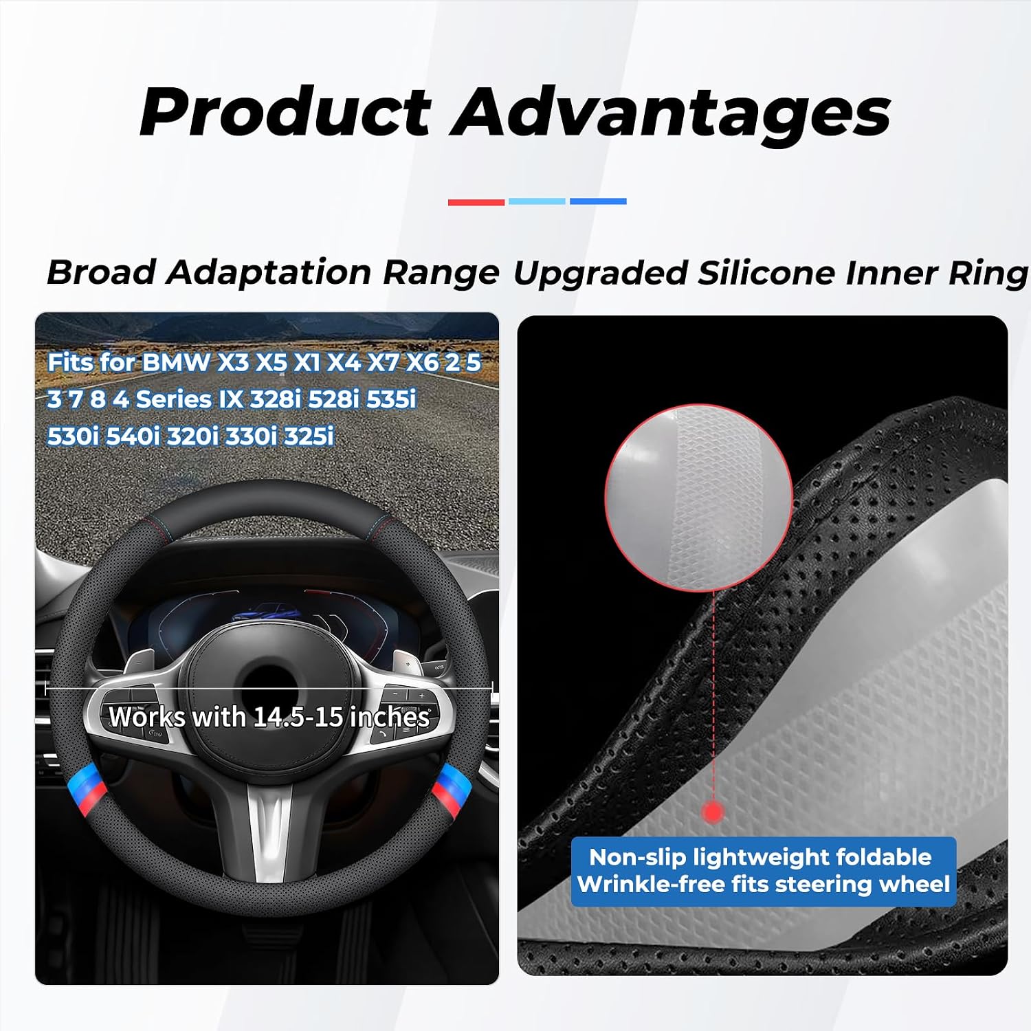 Nappa Leather Car Steering Wheel Cover for BMW X3 X5 X1 X4 X7 X6 2 5 3 7 8 4 Series IX 328i 528i 535i 530i 540i 320i 330i 325i e90 e60 f30 2025 Accessories, Non-Slip & Breathable 14.5-15 Inch